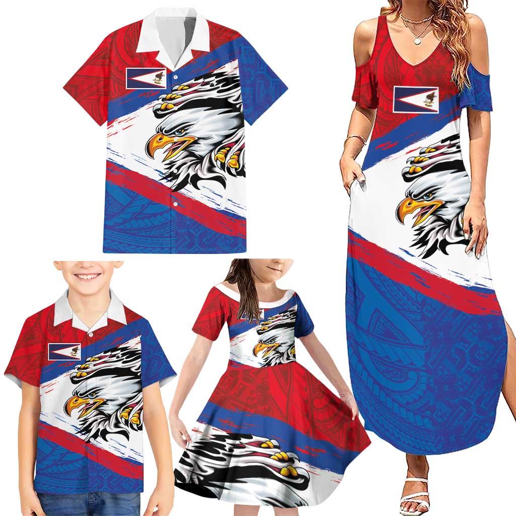 American Samoa Flag Day Family Matching Summer Maxi Dress and Hawaiian Shirt Polynesian Art Geometric with Flag Brush Style
