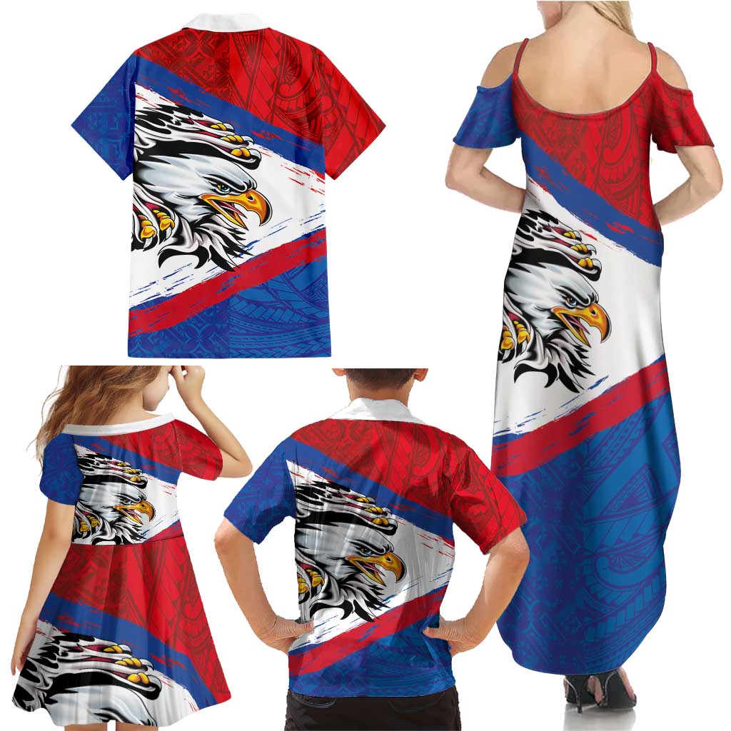 American Samoa Flag Day Family Matching Summer Maxi Dress and Hawaiian Shirt Polynesian Art Geometric with Flag Brush Style