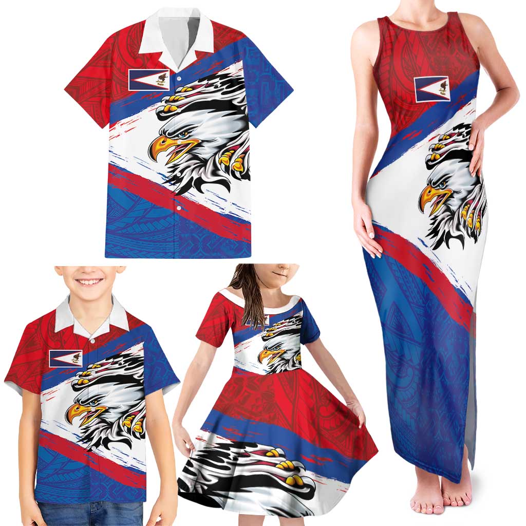 American Samoa Flag Day Family Matching Tank Maxi Dress and Hawaiian Shirt Polynesian Art Geometric with Flag Brush Style