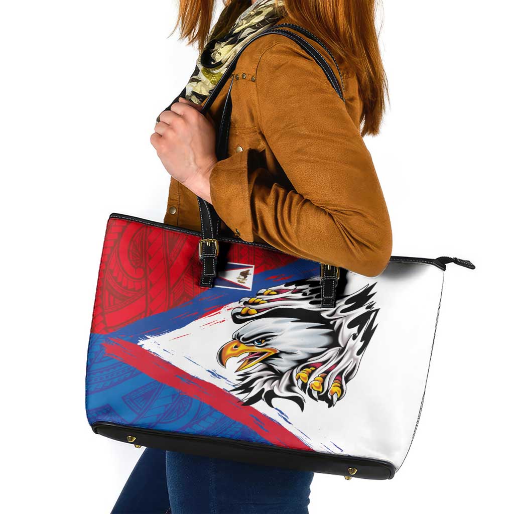 American Samoa Flag Day Leather Tote Bag Polynesian Art Geometric with Flag Brush Style LT03 Multicolor - Polynesian Pride