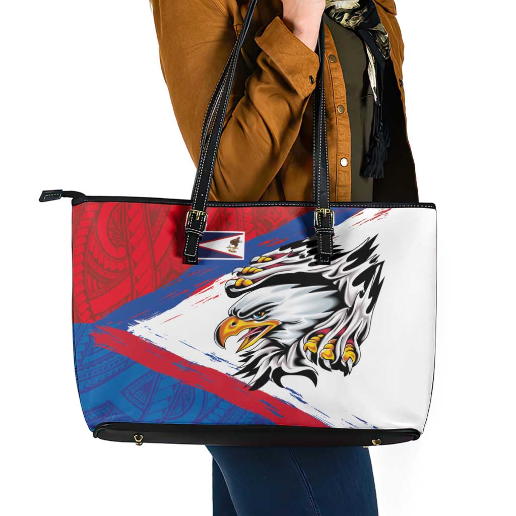 American Samoa Flag Day Leather Tote Bag Polynesian Art Geometric with Flag Brush Style LT03 - Polynesian Pride