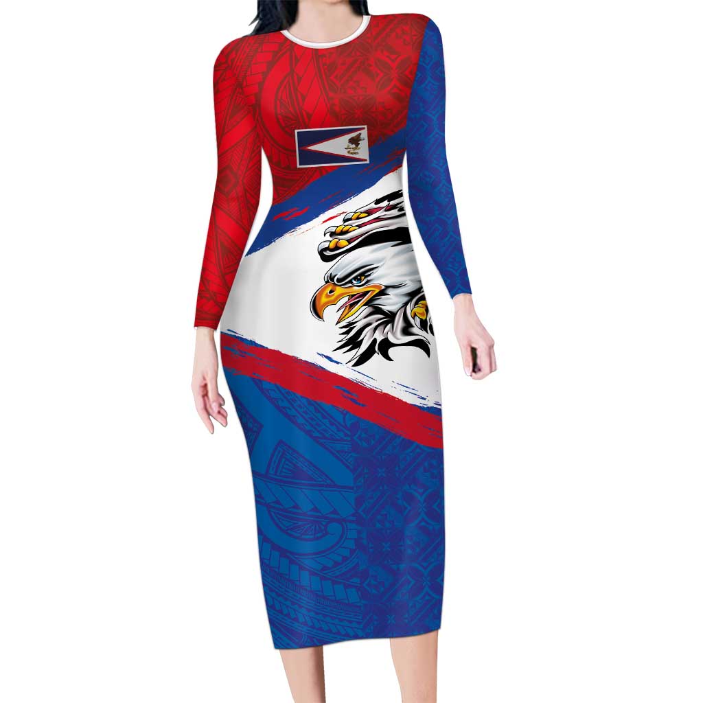American Samoa Flag Day Long Sleeve Bodycon Dress Polynesian Art Geometric with Flag Brush Style LT03 Long Dress Multicolor - Polynesian Pride