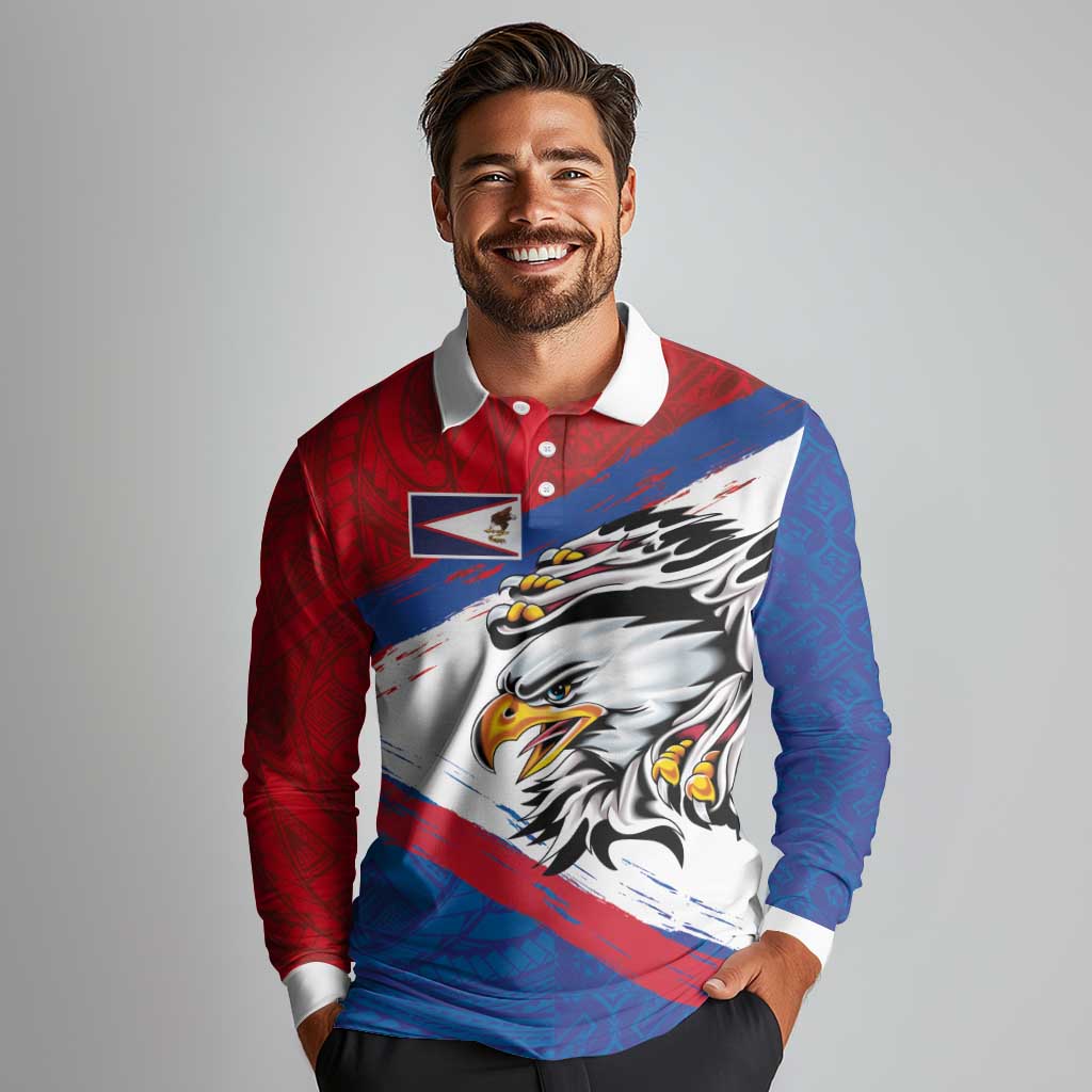 American Samoa Flag Day Long Sleeve Polo Shirt Polynesian Art Geometric with Flag Brush Style LT03 - Polynesian Pride
