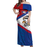 American Samoa Flag Day Off Shoulder Maxi Dress Polynesian Art Geometric with Flag Brush Style
