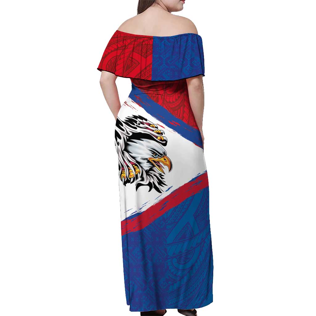 American Samoa Flag Day Off Shoulder Maxi Dress Polynesian Art Geometric with Flag Brush Style