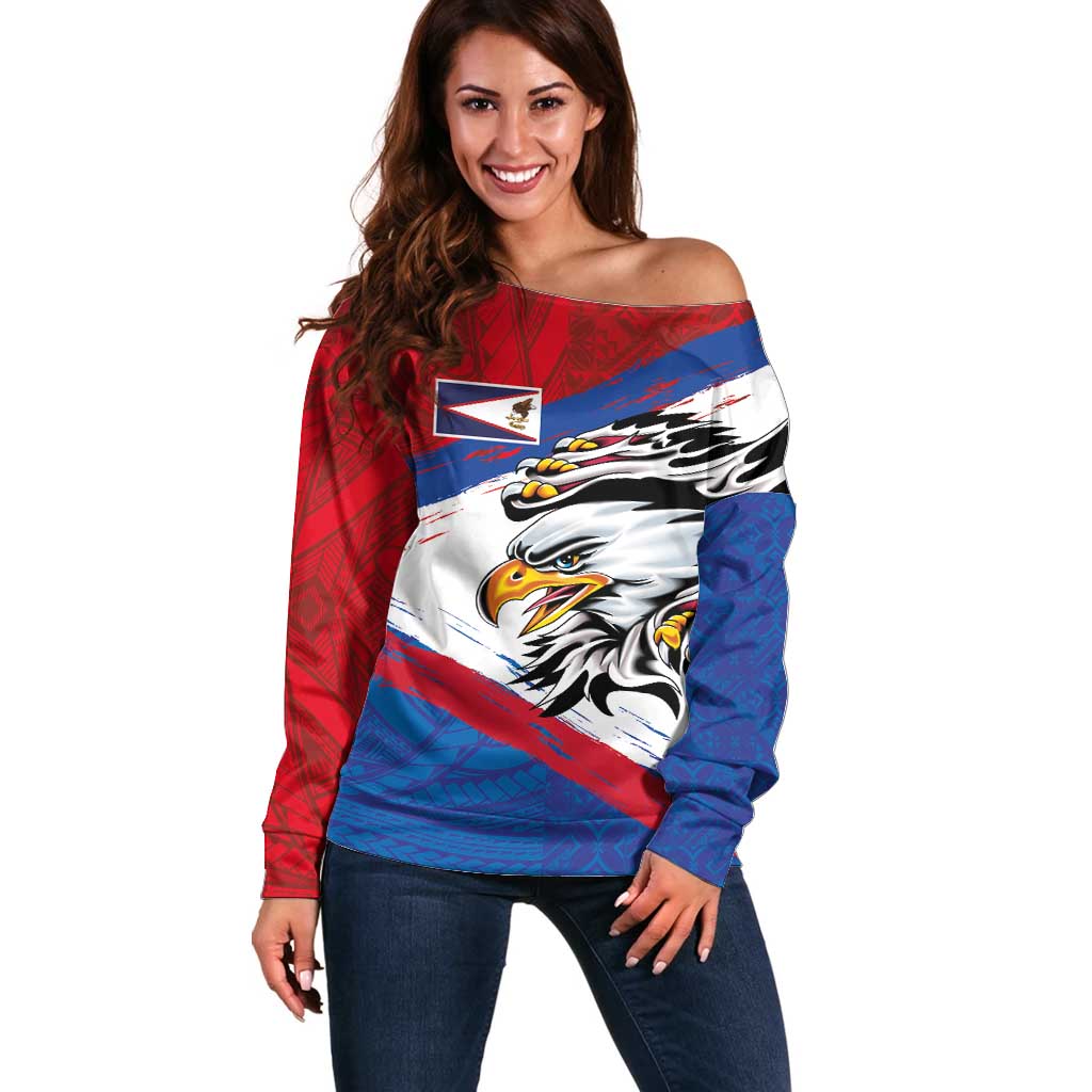 American Samoa Flag Day Off Shoulder Sweater Polynesian Art Geometric with Flag Brush Style LT03 Women Multicolor - Polynesian Pride