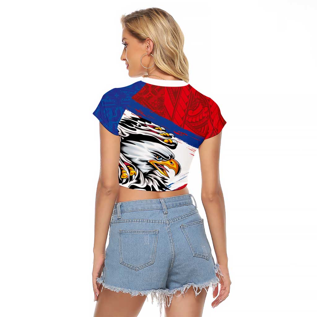 American Samoa Flag Day Raglan Cropped T Shirt Polynesian Art Geometric with Flag Brush Style LT03 - Polynesian Pride