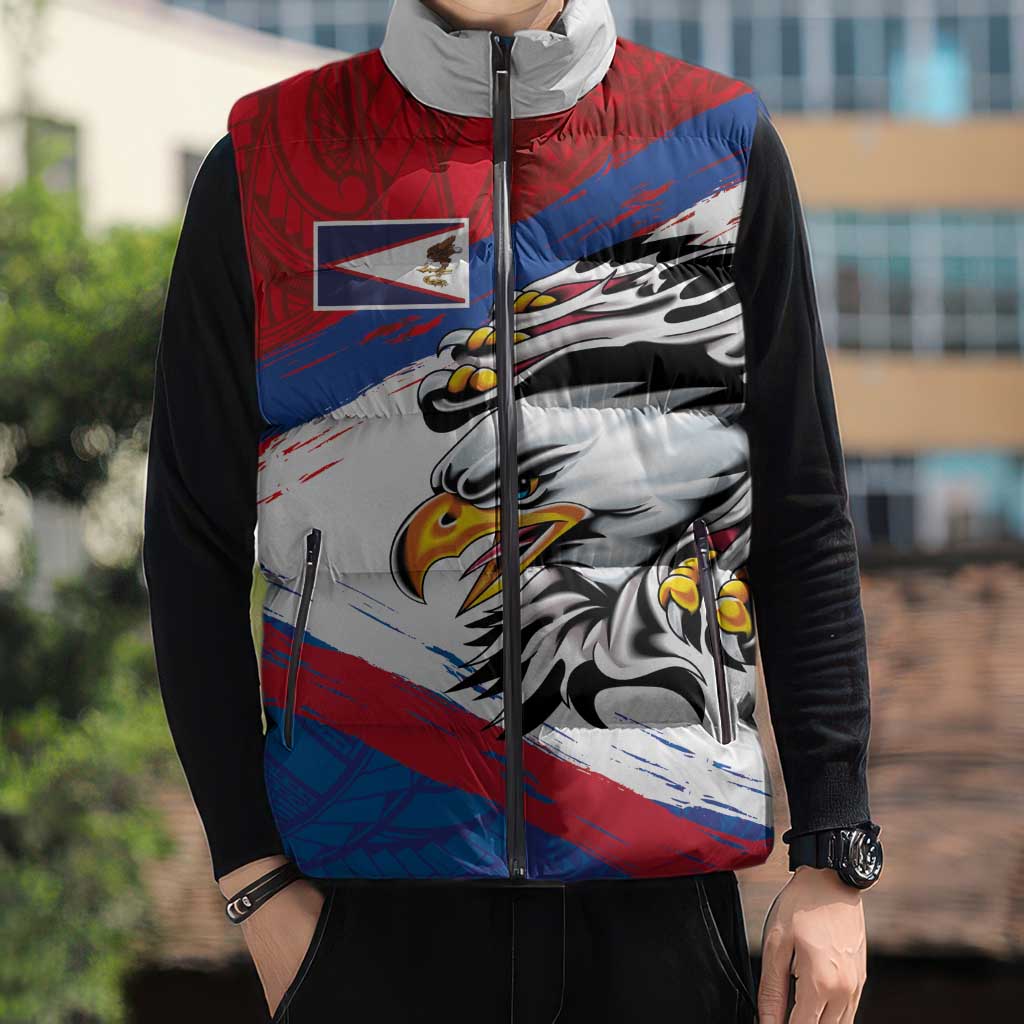 American Samoa Flag Day Sleeveless Puffer Jacket Polynesian Art Geometric with Flag Brush Style