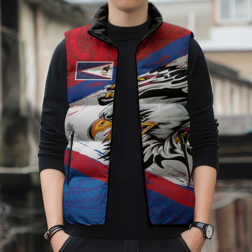 American Samoa Flag Day Sleeveless Puffer Jacket Polynesian Art Geometric with Flag Brush Style