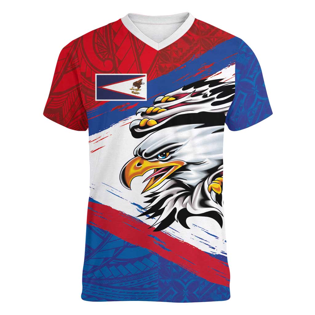 American Samoa Flag Day Women V-Neck T-Shirt Polynesian Art Geometric with Flag Brush Style