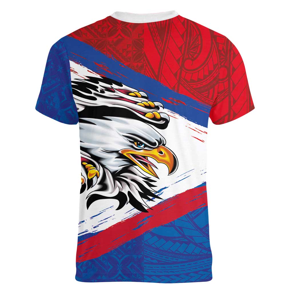 American Samoa Flag Day Women V-Neck T-Shirt Polynesian Art Geometric with Flag Brush Style