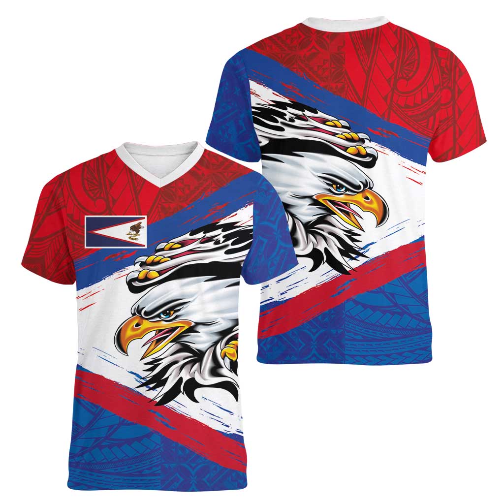 American Samoa Flag Day Women V-Neck T-Shirt Polynesian Art Geometric with Flag Brush Style