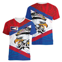 American Samoa Flag Day Women V-Neck T-Shirt Polynesian Art Geometric with Flag Brush Style