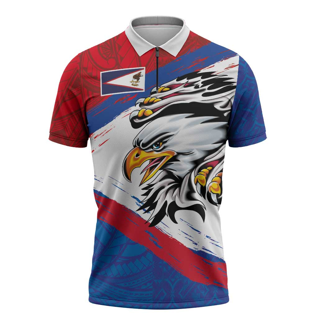 American Samoa Flag Day Zipper Polo Shirt Polynesian Art Geometric with Flag Brush Style LT03 Multicolor - Polynesian Pride