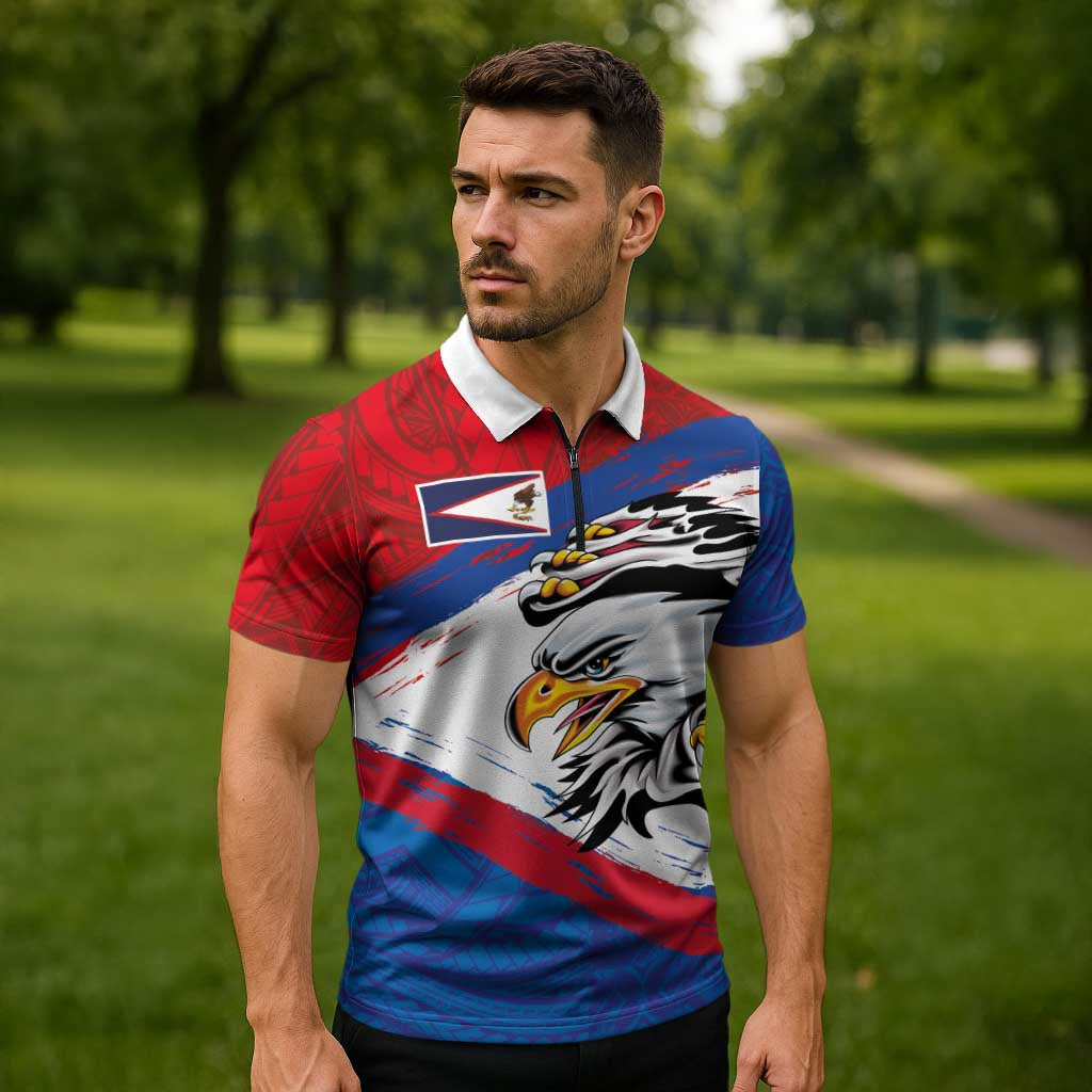 American Samoa Flag Day Zipper Polo Shirt Polynesian Art Geometric with Flag Brush Style LT03 - Polynesian Pride