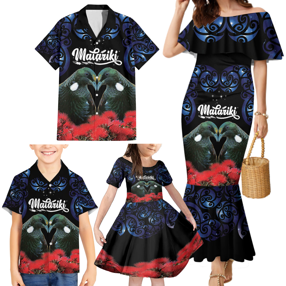 New Zealand Maori Matariki Family Matching Mermaid Dress and Hawaiian Shirt Hongi Tui Bird Pohutukawa and Polynesia Tribal