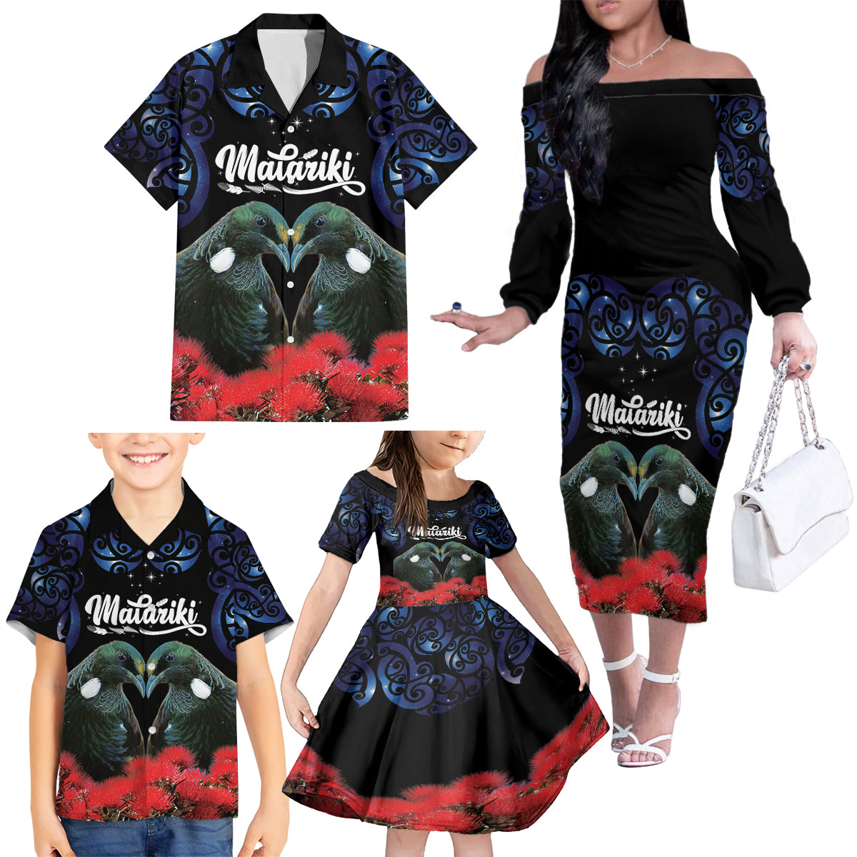 New Zealand Maori Matariki Family Matching Off The Shoulder Long Sleeve Dress and Hawaiian Shirt Hongi Tui Bird Pohutukawa and Polynesia Tribal