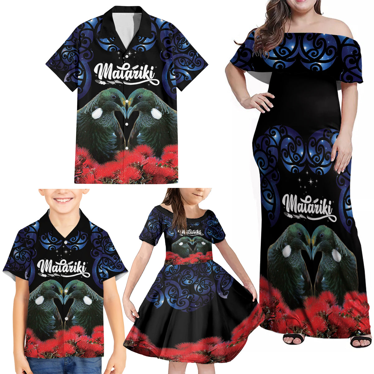 New Zealand Maori Matariki Family Matching Off Shoulder Maxi Dress and Hawaiian Shirt Hongi Tui Bird Pohutukawa and Polynesia Tribal