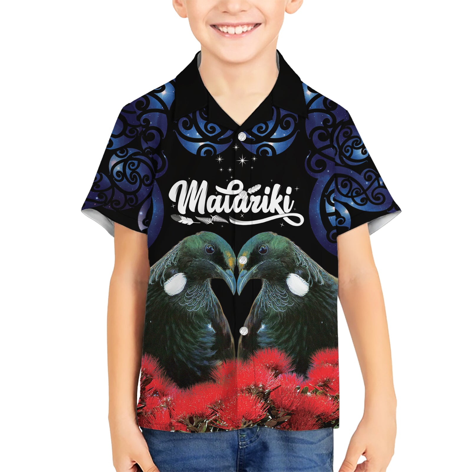 New Zealand Maori Matariki Kid Hawaiian Shirt Hongi Tui Bird Pohutukawa and Polynesia Tribal