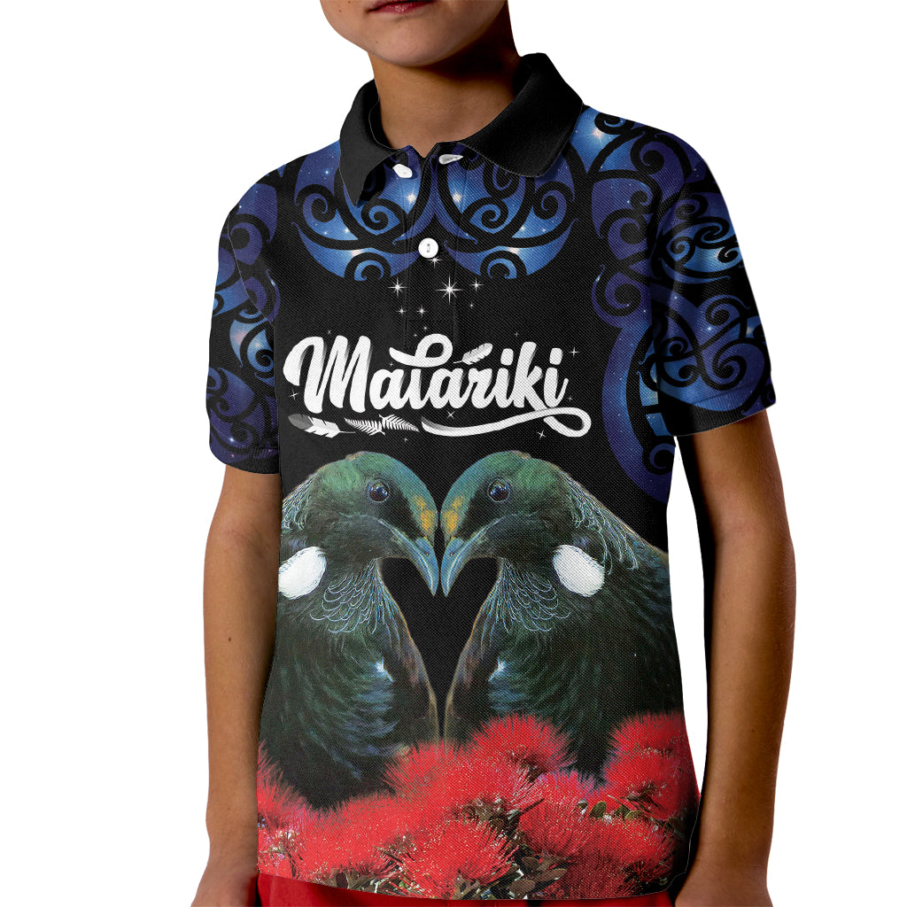 New Zealand Maori Matariki Kid Polo Shirt Hongi Tui Bird Pohutukawa and Polynesia Tribal