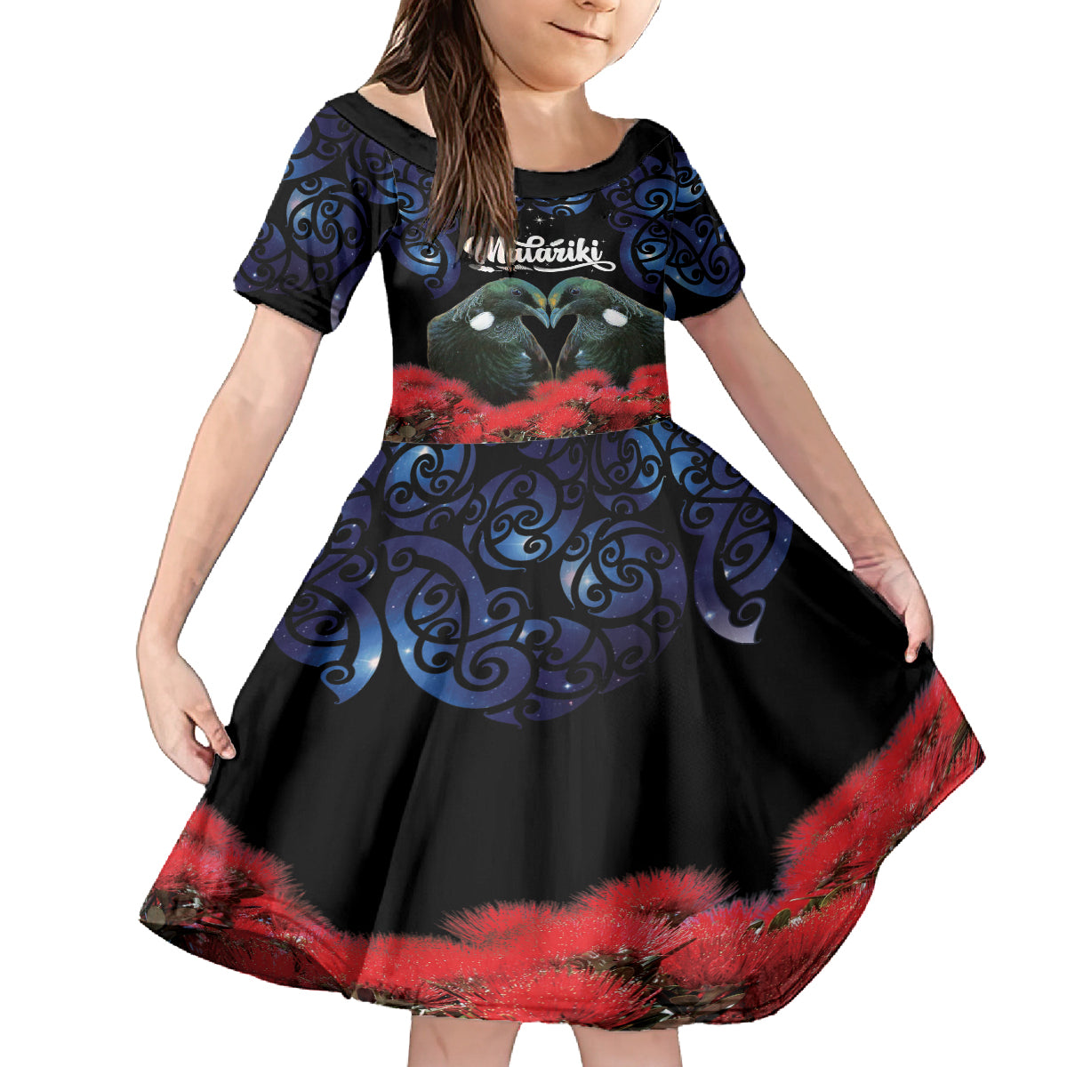 New Zealand Maori Matariki Kid Short Sleeve Dress Hongi Tui Bird Pohutukawa and Polynesia Tribal