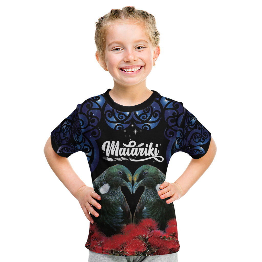 New Zealand Maori Matariki Kid T Shirt Hongi Tui Bird Pohutukawa and Polynesia Tribal