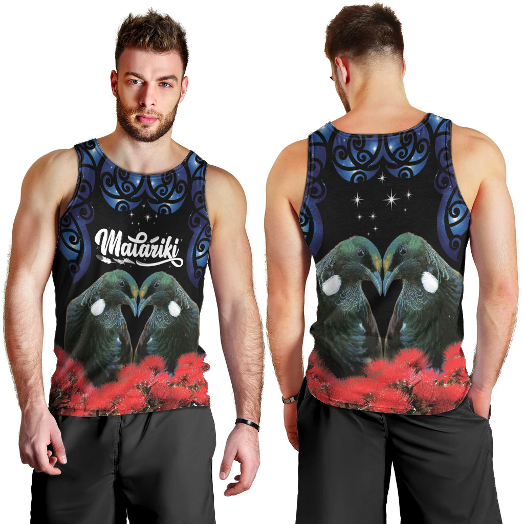 New Zealand Maori Matariki Men Tank Top Hongi Tui Bird Pohutukawa and Polynesia Tribal