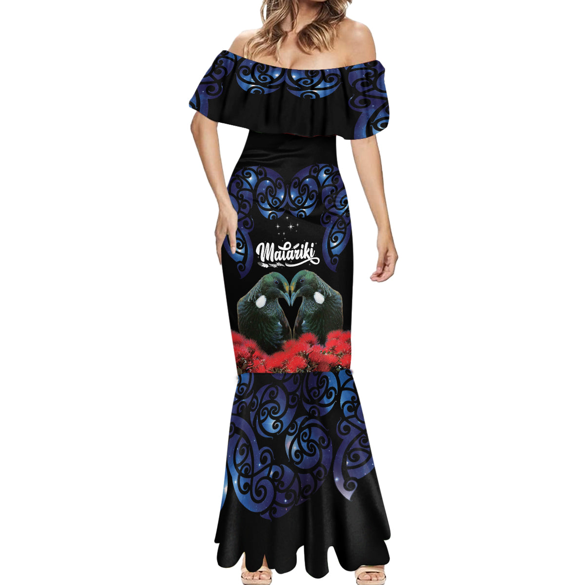 New Zealand Maori Matariki Mermaid Dress Hongi Tui Bird Pohutukawa and Polynesia Tribal