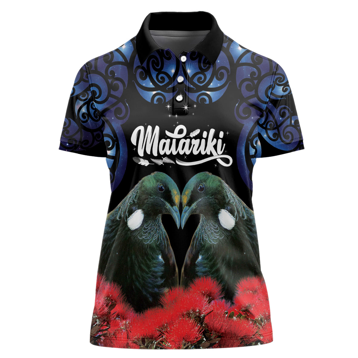 New Zealand Maori Matariki Women Polo Shirt Hongi Tui Bird Pohutukawa and Polynesia Tribal