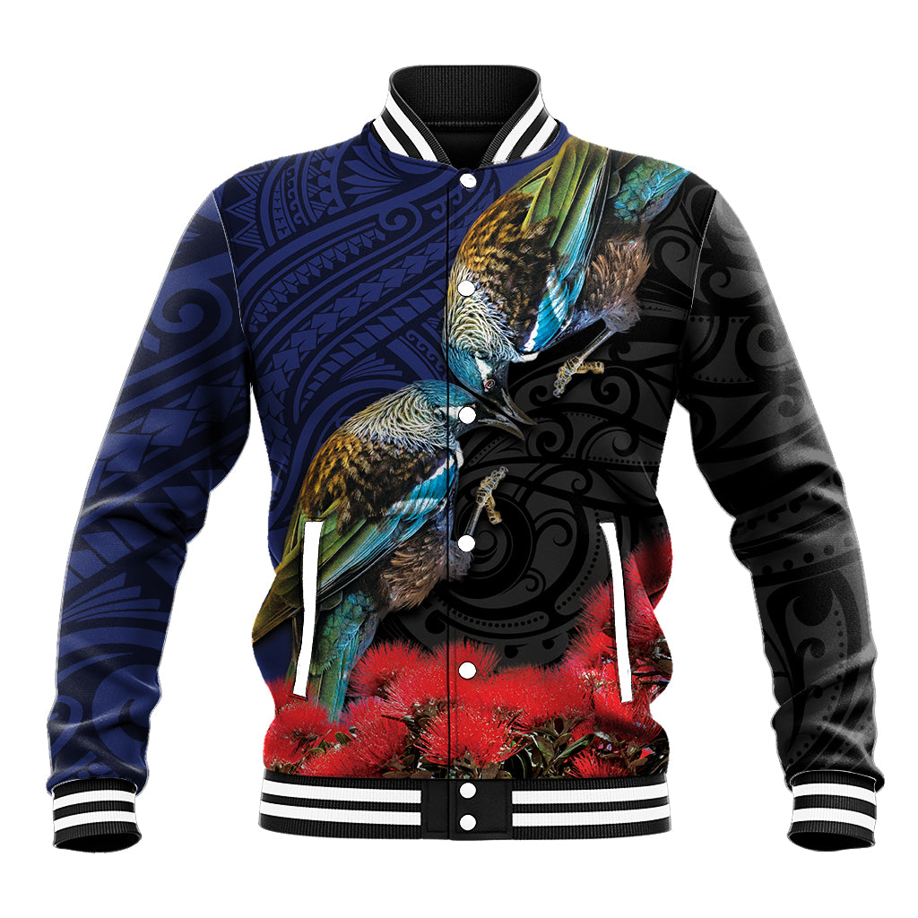 New Zealand Maori Hongi Culture Baseball Jacket Tui Bird Pohutukawa and Polynesian Pattern LT03 Unisex Blue - Polynesian Pride