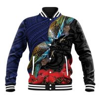 New Zealand Maori Hongi Culture Baseball Jacket Tui Bird Pohutukawa and Polynesian Pattern LT03 Unisex Blue - Polynesian Pride