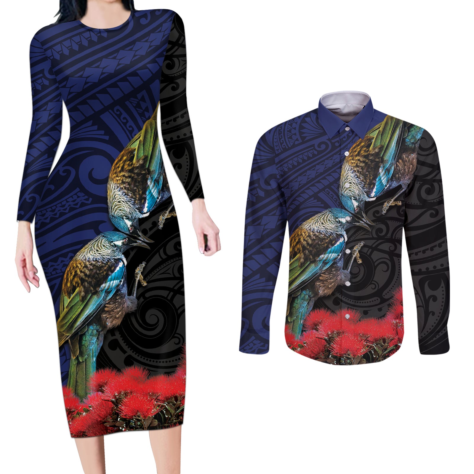 New Zealand Maori Hongi Culture Couples Matching Long Sleeve Bodycon Dress and Long Sleeve Button Shirt Tui Bird Pohutukawa and Polynesian Pattern LT03 Blue - Polynesian Pride