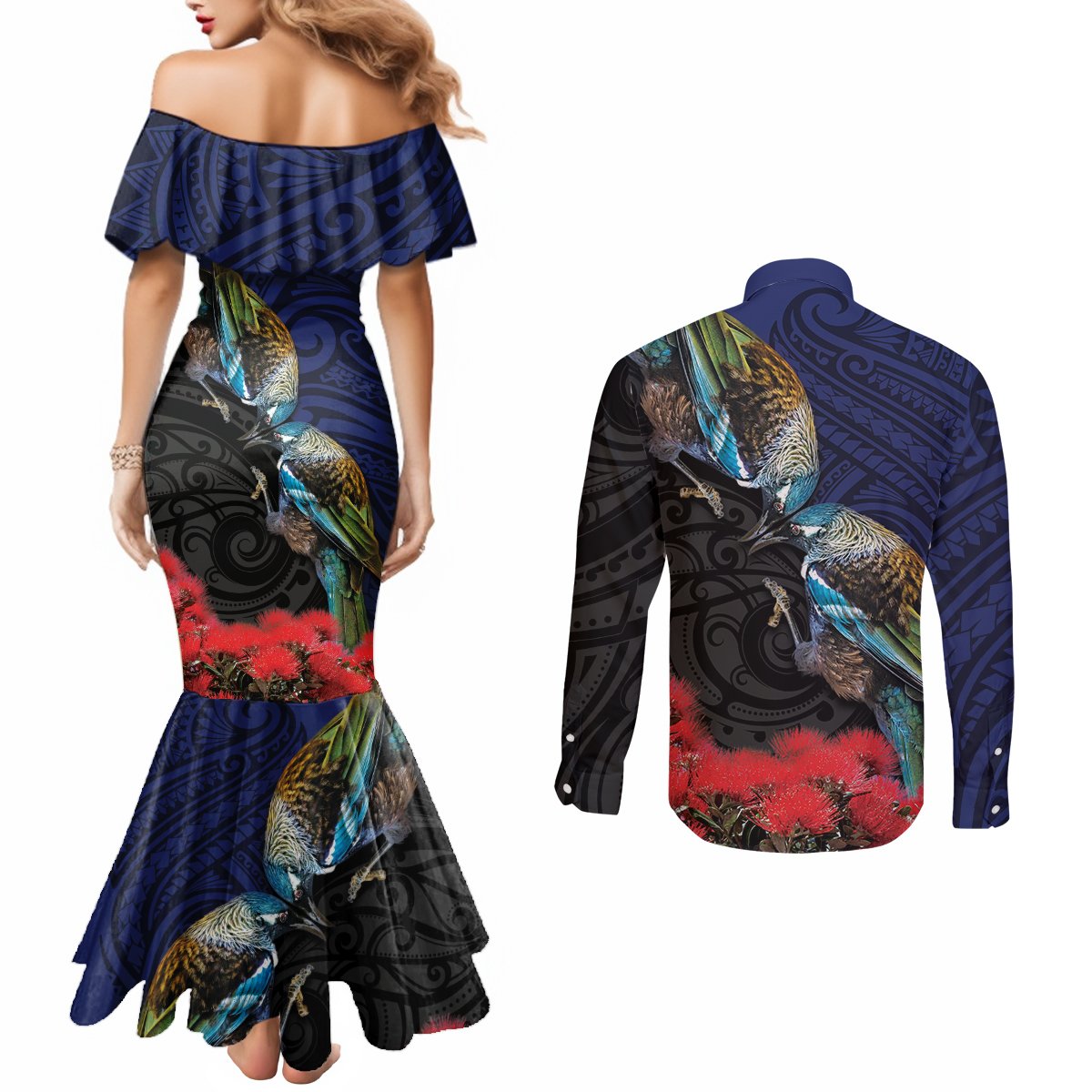 New Zealand Maori Hongi Culture Couples Matching Mermaid Dress and Long Sleeve Button Shirt Tui Bird Pohutukawa and Polynesian Pattern