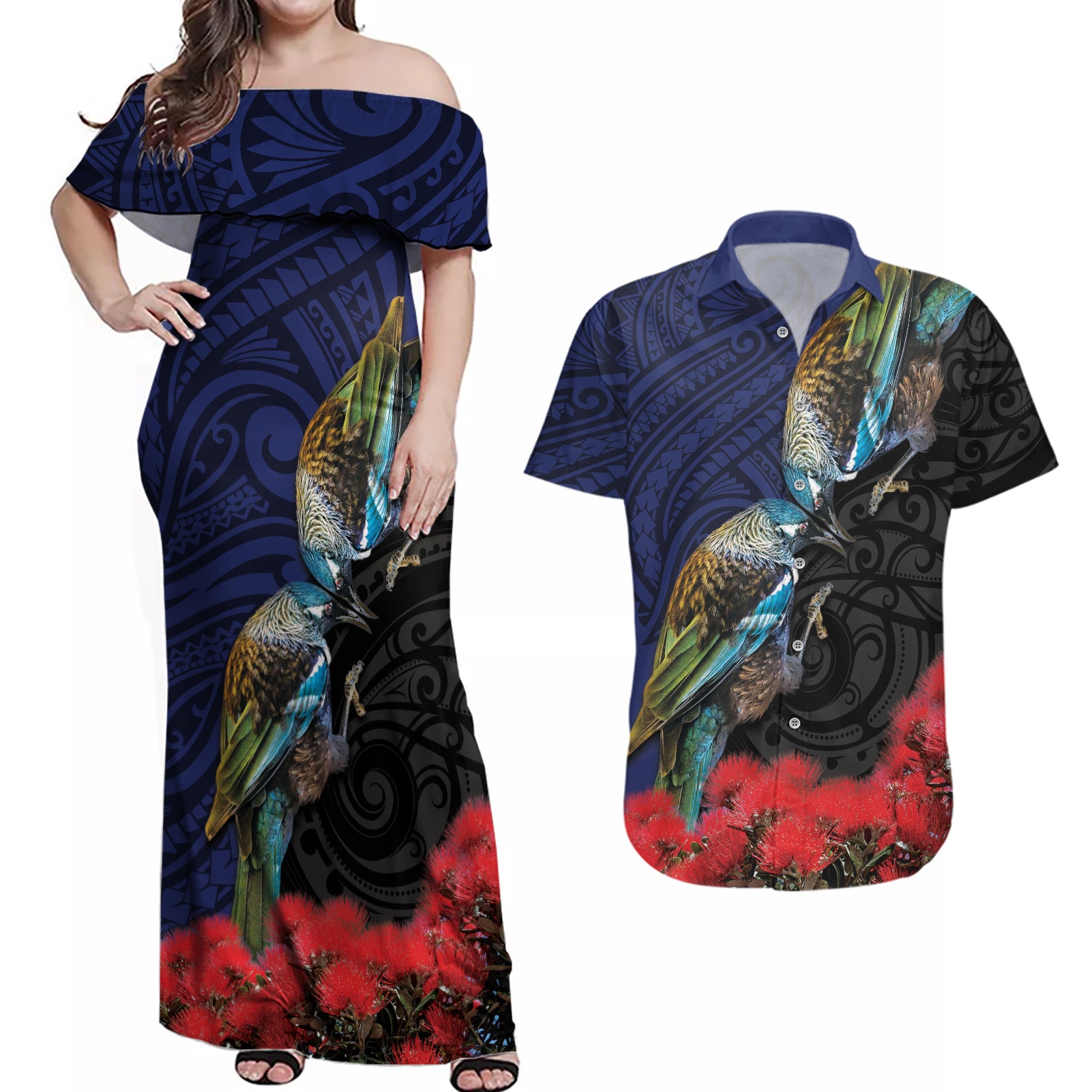 New Zealand Maori Hongi Culture Couples Matching Off Shoulder Maxi Dress and Hawaiian Shirt Tui Bird Pohutukawa and Polynesian Pattern