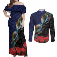 New Zealand Maori Hongi Culture Couples Matching Off Shoulder Maxi Dress and Long Sleeve Button Shirt Tui Bird Pohutukawa and Polynesian Pattern