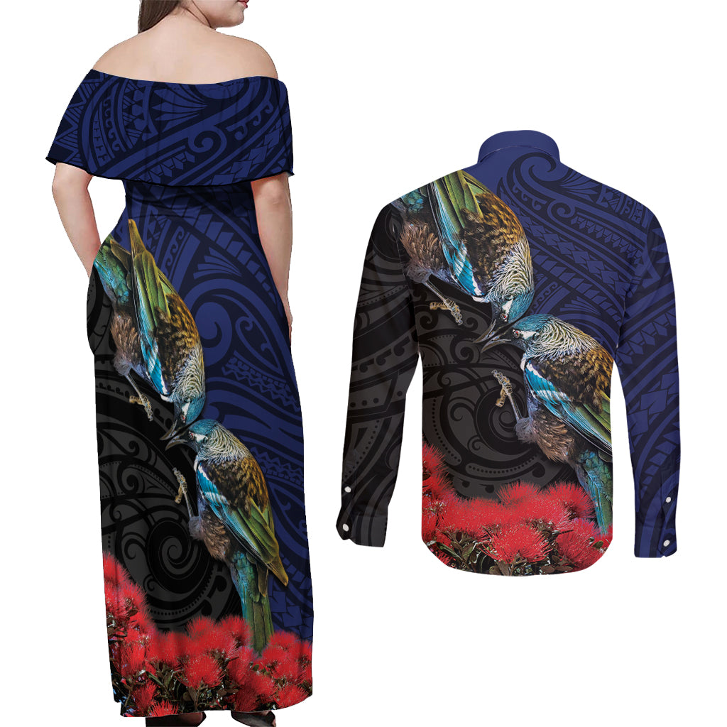 New Zealand Maori Hongi Culture Couples Matching Off Shoulder Maxi Dress and Long Sleeve Button Shirt Tui Bird Pohutukawa and Polynesian Pattern