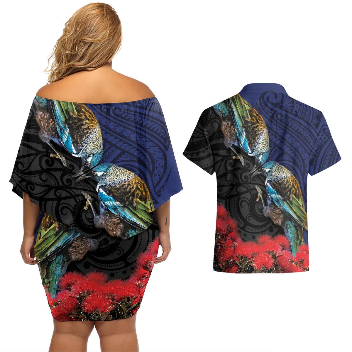 New Zealand Maori Hongi Culture Couples Matching Off Shoulder Short Dress and Hawaiian Shirt Tui Bird Pohutukawa and Polynesian Pattern