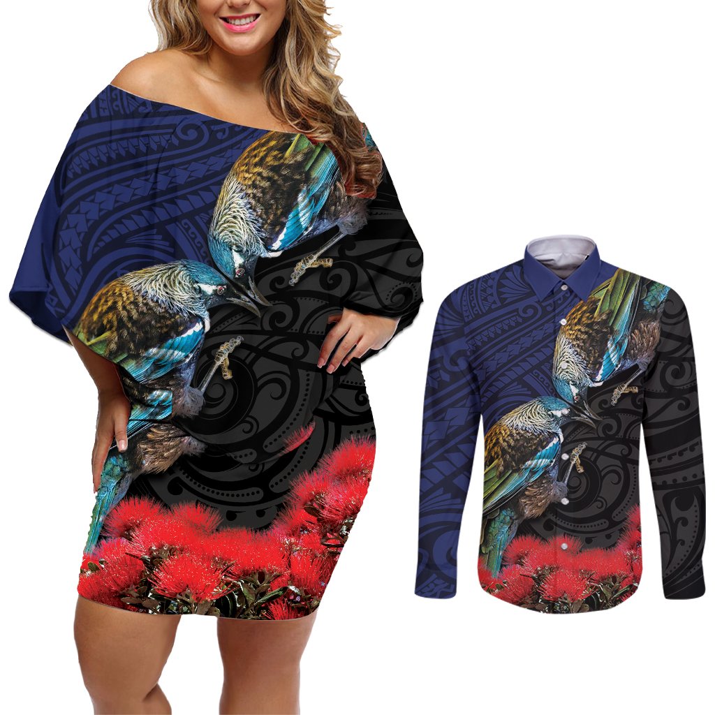 New Zealand Maori Hongi Culture Couples Matching Off Shoulder Short Dress and Long Sleeve Button Shirt Tui Bird Pohutukawa and Polynesian Pattern