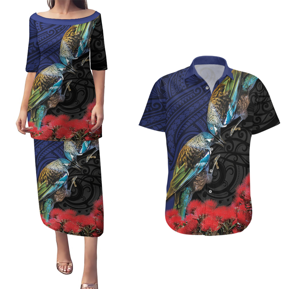 New Zealand Maori Hongi Culture Couples Matching Puletasi and Hawaiian Shirt Tui Bird Pohutukawa and Polynesian Pattern