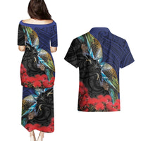 New Zealand Maori Hongi Culture Couples Matching Puletasi and Hawaiian Shirt Tui Bird Pohutukawa and Polynesian Pattern