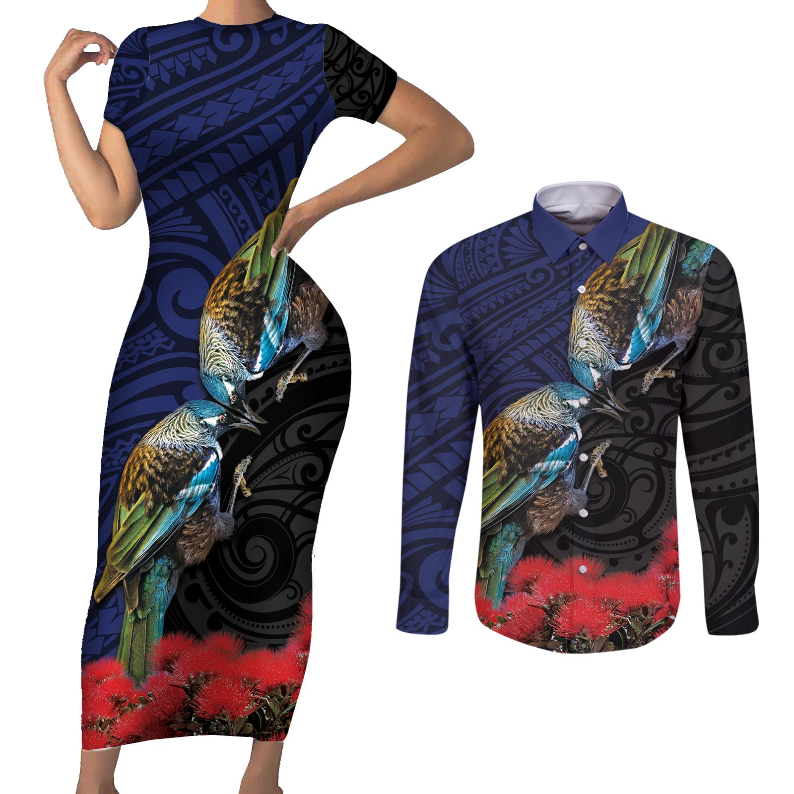 New Zealand Maori Hongi Culture Couples Matching Short Sleeve Bodycon Dress and Long Sleeve Button Shirt Tui Bird Pohutukawa and Polynesian Pattern LT03 Blue - Polynesian Pride