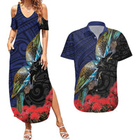 New Zealand Maori Hongi Culture Couples Matching Summer Maxi Dress and Hawaiian Shirt Tui Bird Pohutukawa and Polynesian Pattern