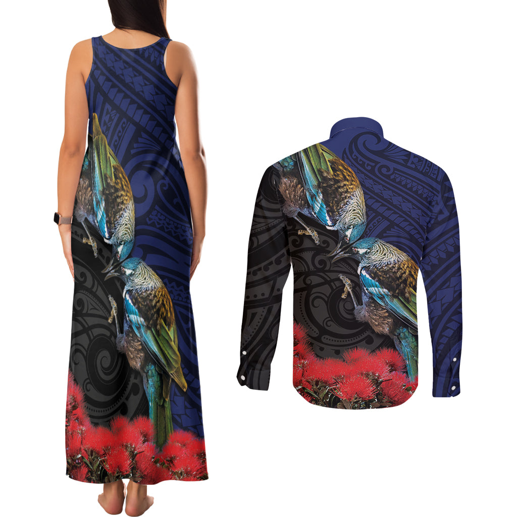 New Zealand Maori Hongi Culture Couples Matching Tank Maxi Dress and Long Sleeve Button Shirt Tui Bird Pohutukawa and Polynesian Pattern