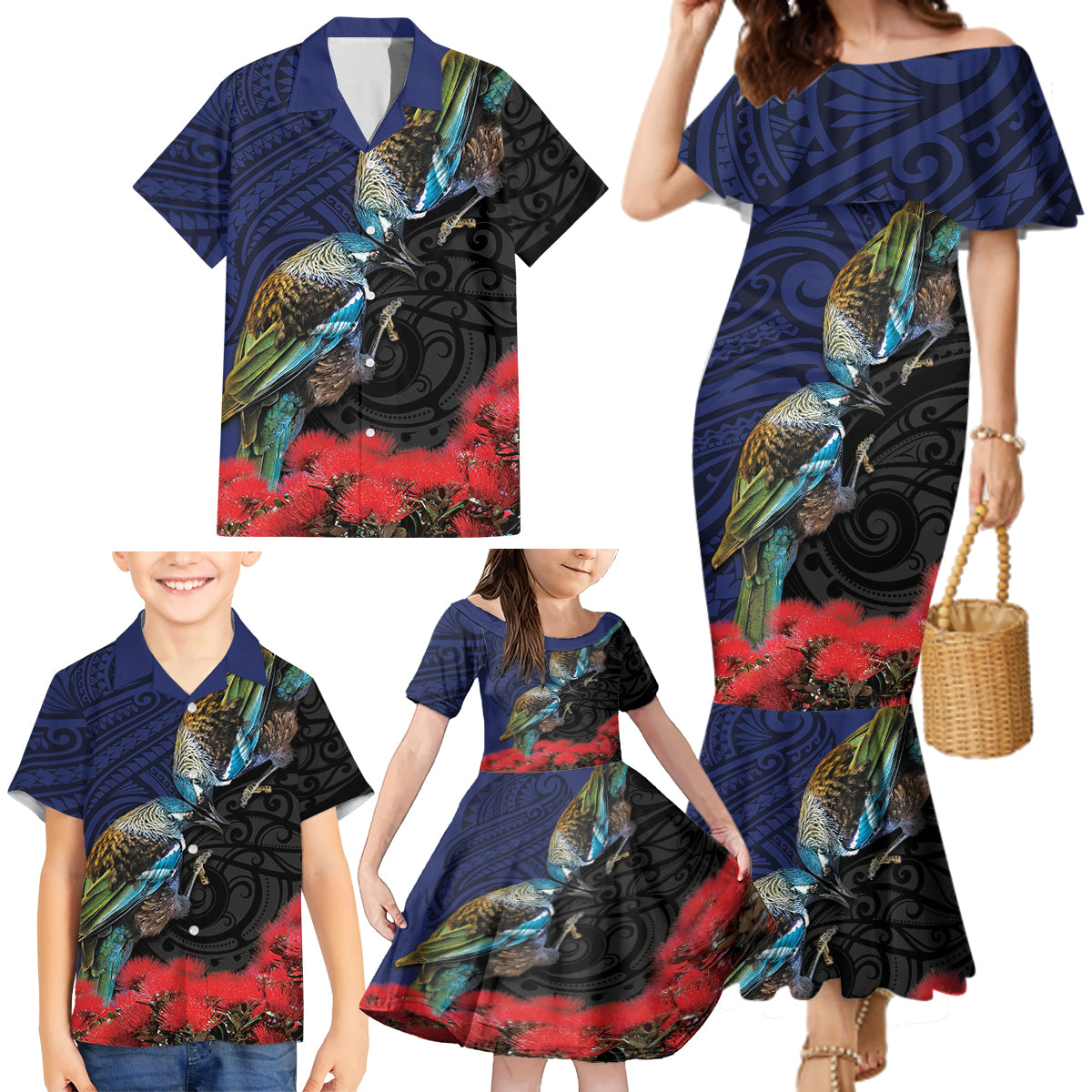 New Zealand Maori Hongi Culture Family Matching Mermaid Dress and Hawaiian Shirt Tui Bird Pohutukawa and Polynesian Pattern