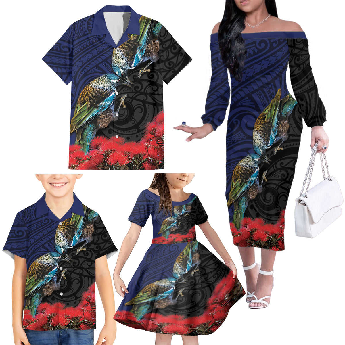 New Zealand Maori Hongi Culture Family Matching Off The Shoulder Long Sleeve Dress and Hawaiian Shirt Tui Bird Pohutukawa and Polynesian Pattern