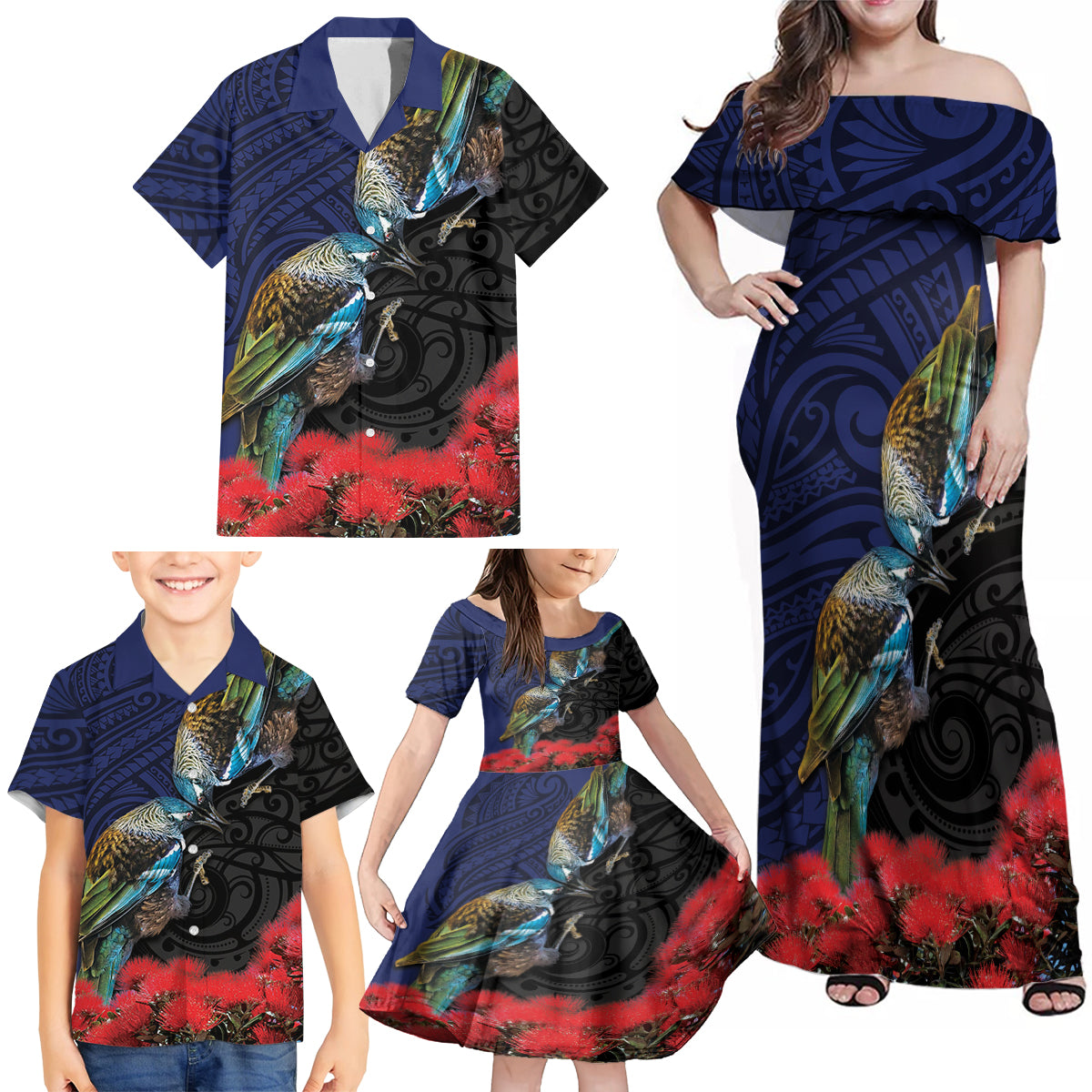 New Zealand Maori Hongi Culture Family Matching Off Shoulder Maxi Dress and Hawaiian Shirt Tui Bird Pohutukawa and Polynesian Pattern LT03 - Polynesian Pride