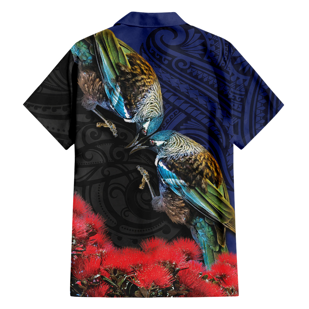 New Zealand Maori Hongi Culture Family Matching Off Shoulder Short Dress and Hawaiian Shirt Tui Bird Pohutukawa and Polynesian Pattern