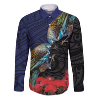 New Zealand Maori Hongi Culture Family Matching Off Shoulder Short Dress and Hawaiian Shirt Tui Bird Pohutukawa and Polynesian Pattern