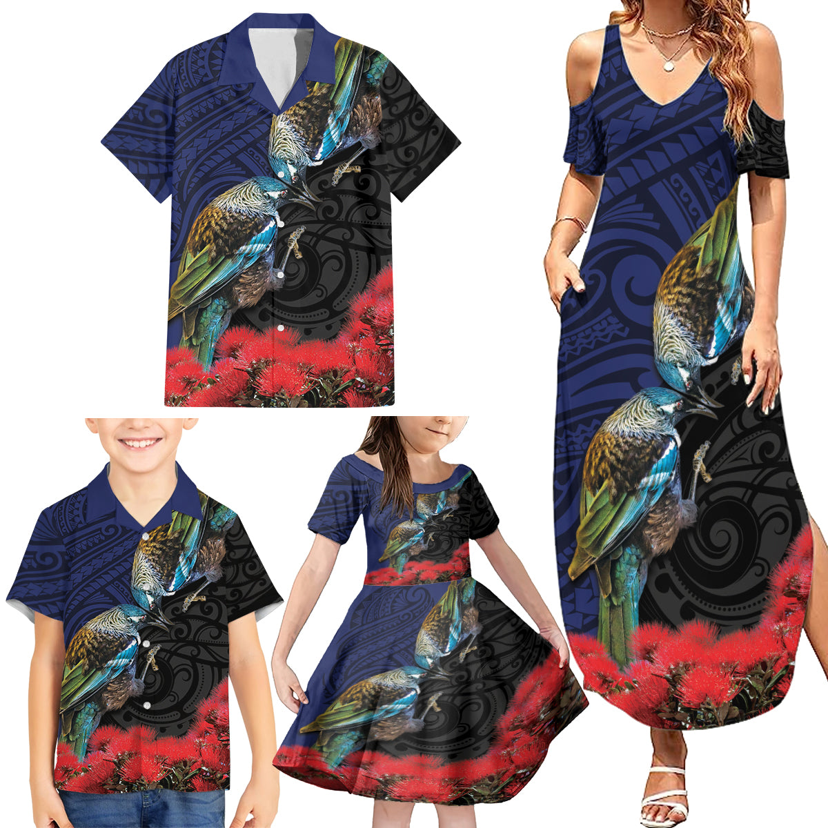 New Zealand Maori Hongi Culture Family Matching Summer Maxi Dress and Hawaiian Shirt Tui Bird Pohutukawa and Polynesian Pattern