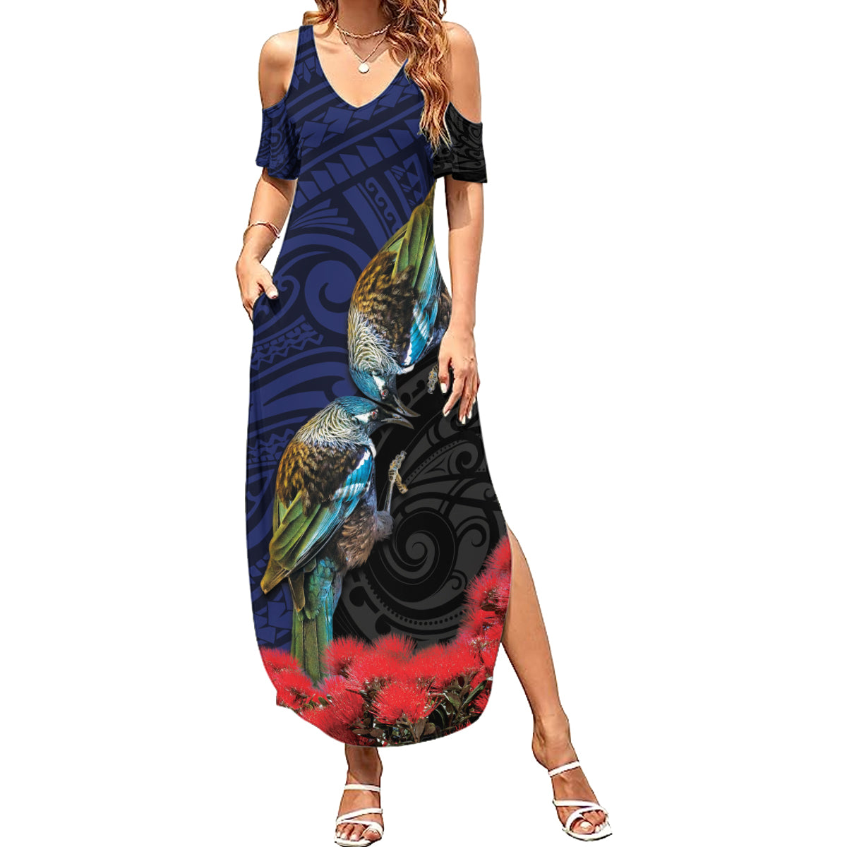 New Zealand Maori Hongi Culture Family Matching Summer Maxi Dress and Hawaiian Shirt Tui Bird Pohutukawa and Polynesian Pattern
